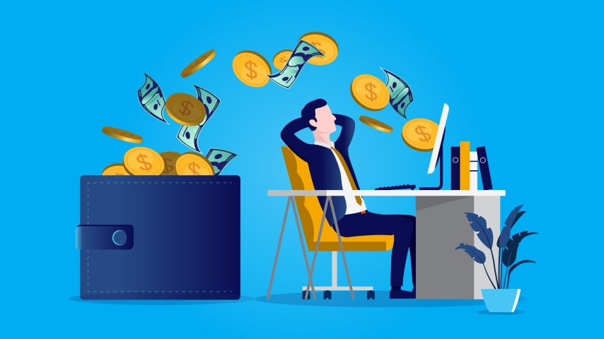 Illustration of passive income. Man relaxed at desk with coins and money flowing from computer to wallet.