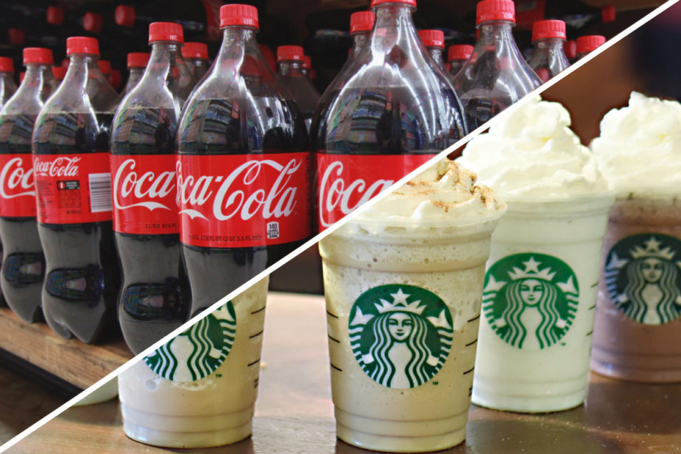 Coca cola bottles and starbucks coffees